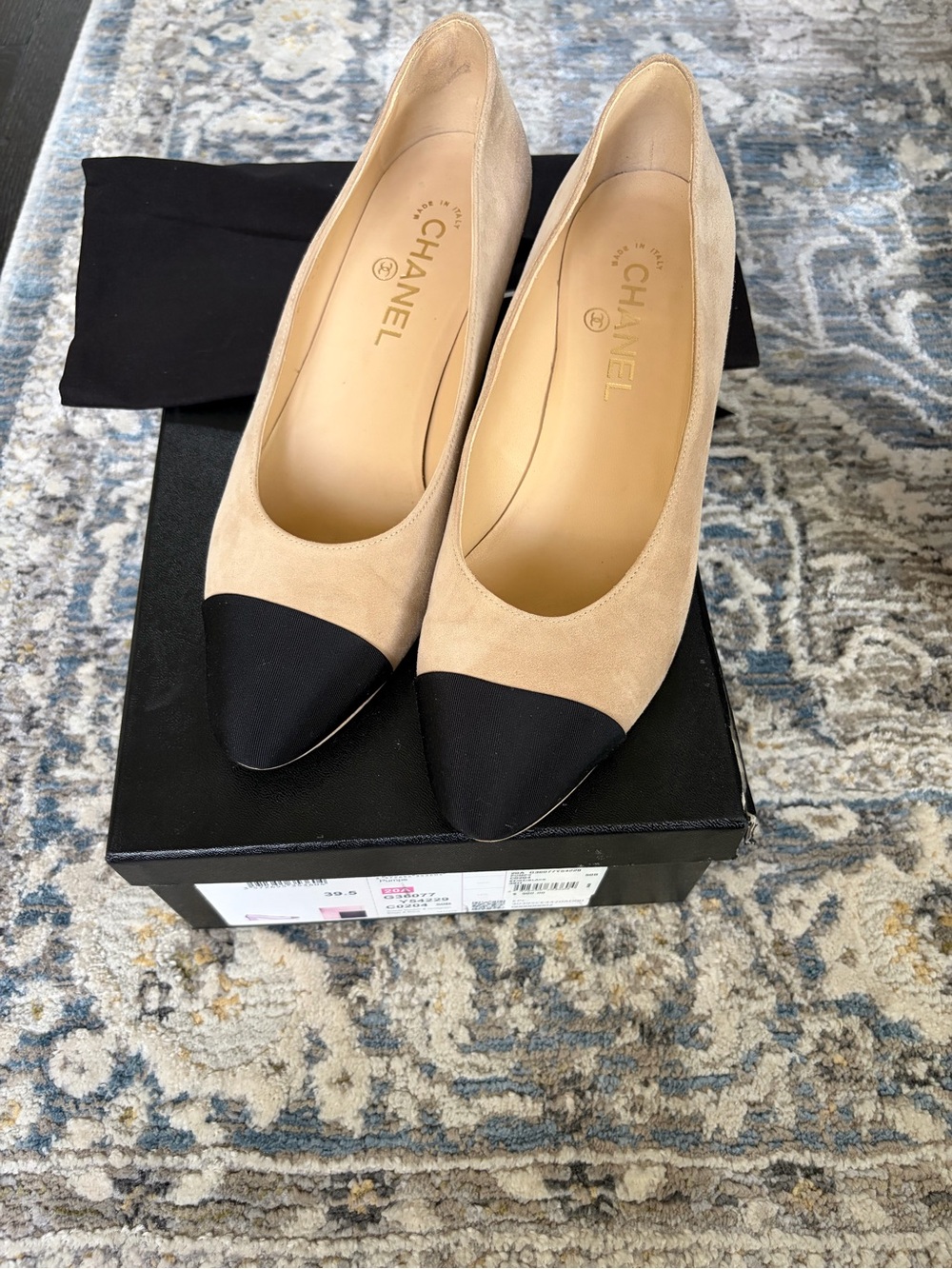 CHANEL Beige Suede Pumps with Black Cap Toe - Picture 6 of 11